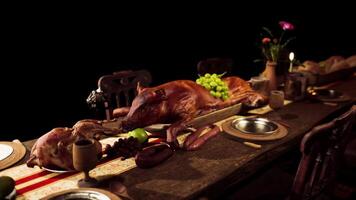 CGI A lavish feast featuring various meats and fruits on a long banquet table video
