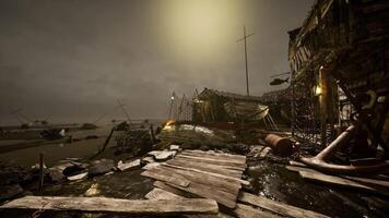 cgi övergiven bryggor på skymning med rustik båtar och bruten strukturer video