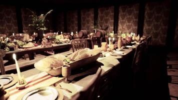 CGI A lavish banquet spread featuring various foods and drinks in a cozy setting video