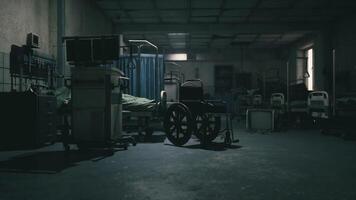 CGI Abandoned hospital ward with empty beds and a solitary wheelchair at dusk video