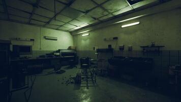 CGI Abandoned commercial kitchen with dim lighting in an urban setting at night video