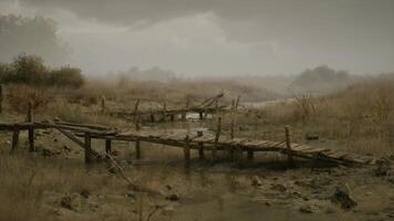 CGI Weathered wooden bridge over muddy terrain during a gloomy day video