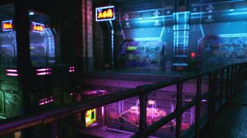 CGI Vibrant neon lit gaming arcade with futuristic design in urban environment video