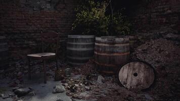 CGI Abandoned cellar with barrels and a solitary chair in dim light video