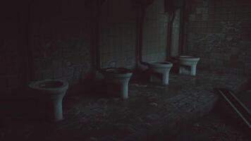 CGI Abandoned restroom with multiple toilets in a dark, neglected space video