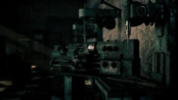 CGI Old industrial machinery in a dimly lit workshop with a mysterious atmosphere video