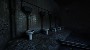 CGI Clean restrooms in an abandoned building with shadowy lighting effects video