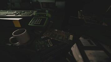 CGI An old computer workstation cluttered with circuit boards and a coffee cup video