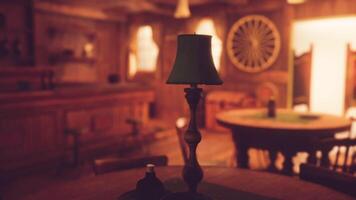 CGI Cozy saloon interior with a rustic lamp on a table and warm wooden decor video
