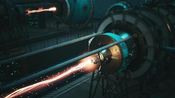 CGI Advanced energy generator operating in a sci fi laboratory environment at night video