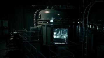 CGI A dark scifi laboratory featuring glowing equipment and complex machinery video