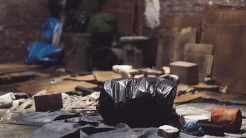 CGI Discarded refuse and debris in an abandoned urban space at dusk video