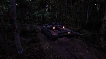 CGI Military tank navigating through dense jungle at dusk during training video