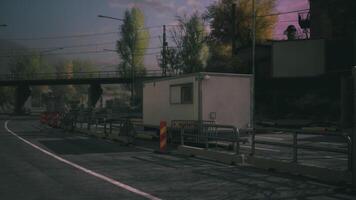 CGI Construction zone with barriers and a portable building at dusk video