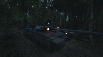 CGI Military tank maneuvering through dense jungle environment at dusk video