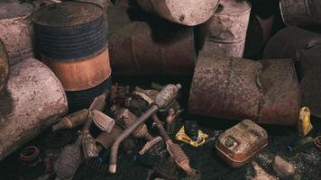 CGI Abandoned industrial site cluttered with rusting barrels and scattered debris video