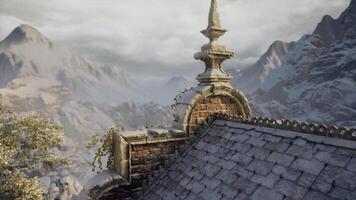 CGI Snowy mountain landscape with ancient architecture at sunrise video