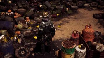 CGI Worker assessing hazardous waste site surrounded by discarded materials video