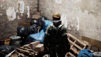 CGI Worker in protective gear examining waste materials in a dimly lit room video