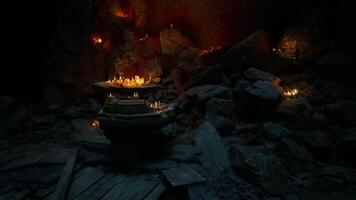 CGI Mysterious cave adorned with flickering lights and ancient stone artifacts video