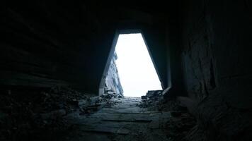 CGI Mysterious approach to an ancient doorway with faint light at the end video