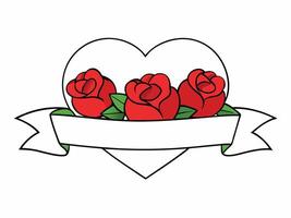 Elegant illustration of three red roses, leaves, heart, and a blank banner on white background. vector