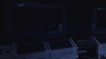 CGI Spaceship cockpit interior with dim lighting and technical equipment video