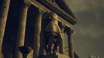 CGI Historic statue near ancient columns with dramatic sky at dusk video