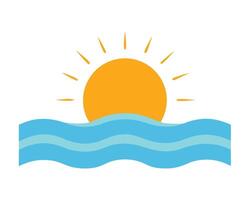 Simple illustration of a sunny day with a bright sun over the wavy ocean on a white background vector