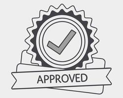 Approved badge illustration featuring check mark symbol and ribbon banner vector