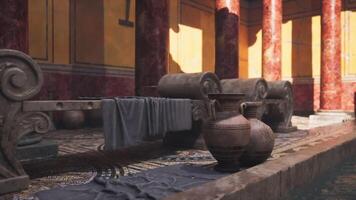 CGI Ancient Roman bath with marble columns and pottery details in vibrant setting video
