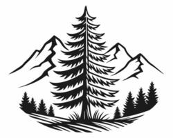 illustration of a detailed evergreen tree with mountains and other trees in a circular layout. vector