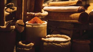 CGI Old national African bazaar showcasing colorful spices and traditional textiles video