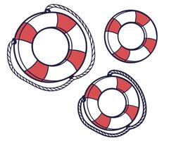 Nautical lifesavers with red and white stripes adorned with rope for maritime safety vector