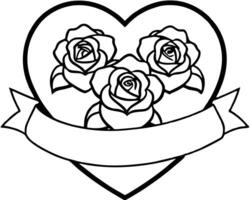 Three roses inside a heart with banner illustration in black and white outline vector