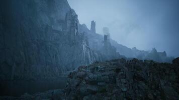 CGI Dark and mysterious ruins on a rocky cliff by a body of water at twilight video