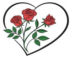 Three red roses within a heart shaped outline illustration for valentine's day cards vector
