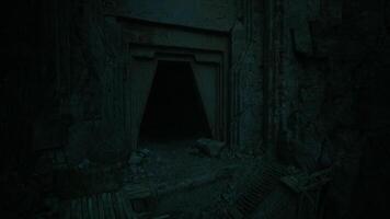 CGI Mysterious dark entrance hidden within ancient stone ruins at dusk video