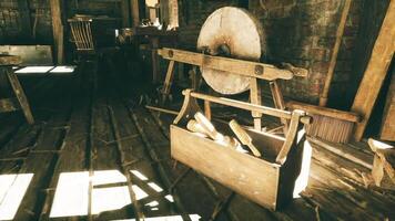 CGI Tools and grinding wheel in a rustic workshop setting video