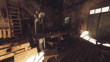 CGI Woodworking workshop filled with tools and wooden carts in an old building video