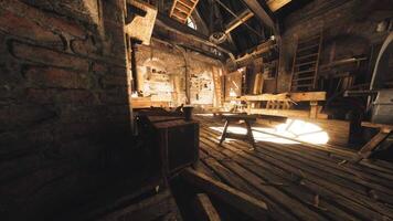 CGI Old workshop interior with sunlight filtering through dusty windows video