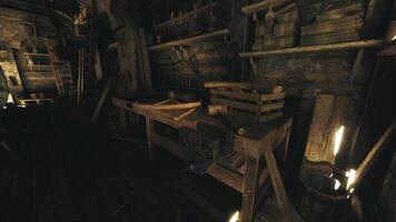 CGI Workbench filled with tools in an old workshop during evening light video