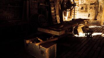 CGI Old workshop with tools and sunlight streaming through windows video