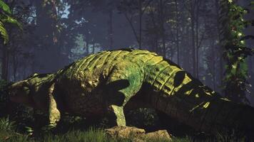 CGI Large crocodile resting among lush greenery in a dense forest environment video