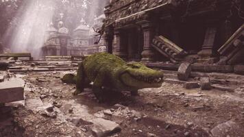 CGI Crocodile wanders through ancient ruins in a misty jungle setting video