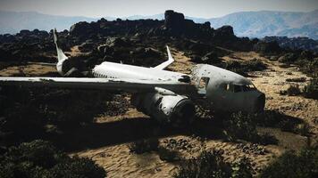 CGI Plane wreckage rests on rugged terrain after a catastrophic crash video