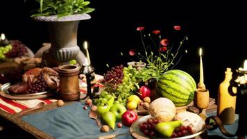 CGI A diverse spread of food and drinks arranged beautifully on a dining table video