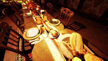 CGI A grand dining table filled with various foods and drinks in a rustic setting video