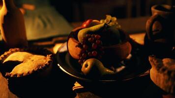 CGI A cozy table setting with assorted food and drinks during an evening gathering video