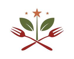 Elegant logo design for organic restaurant with crossed forks leaves and star elements vector